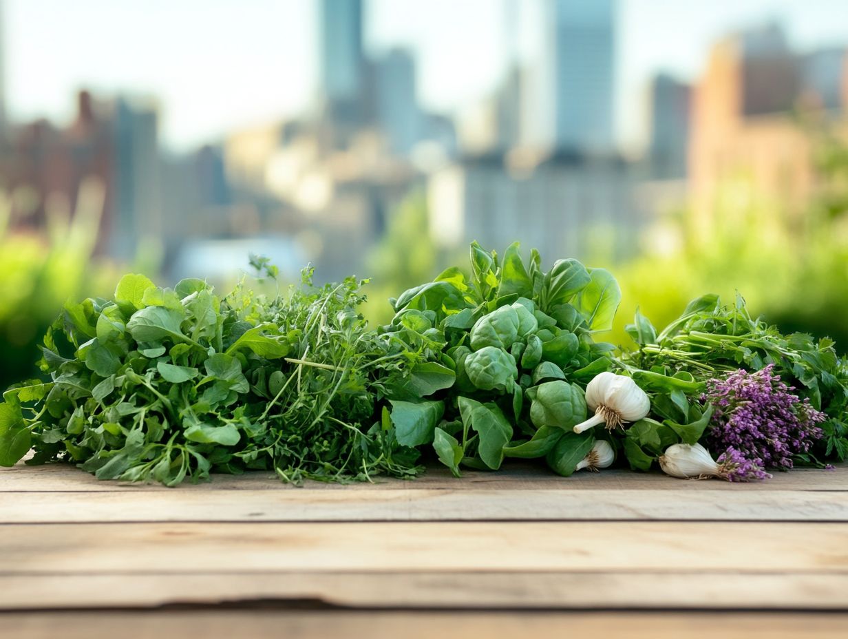 A display of common edible plants found in urban areas including dandelion and wild garlic.