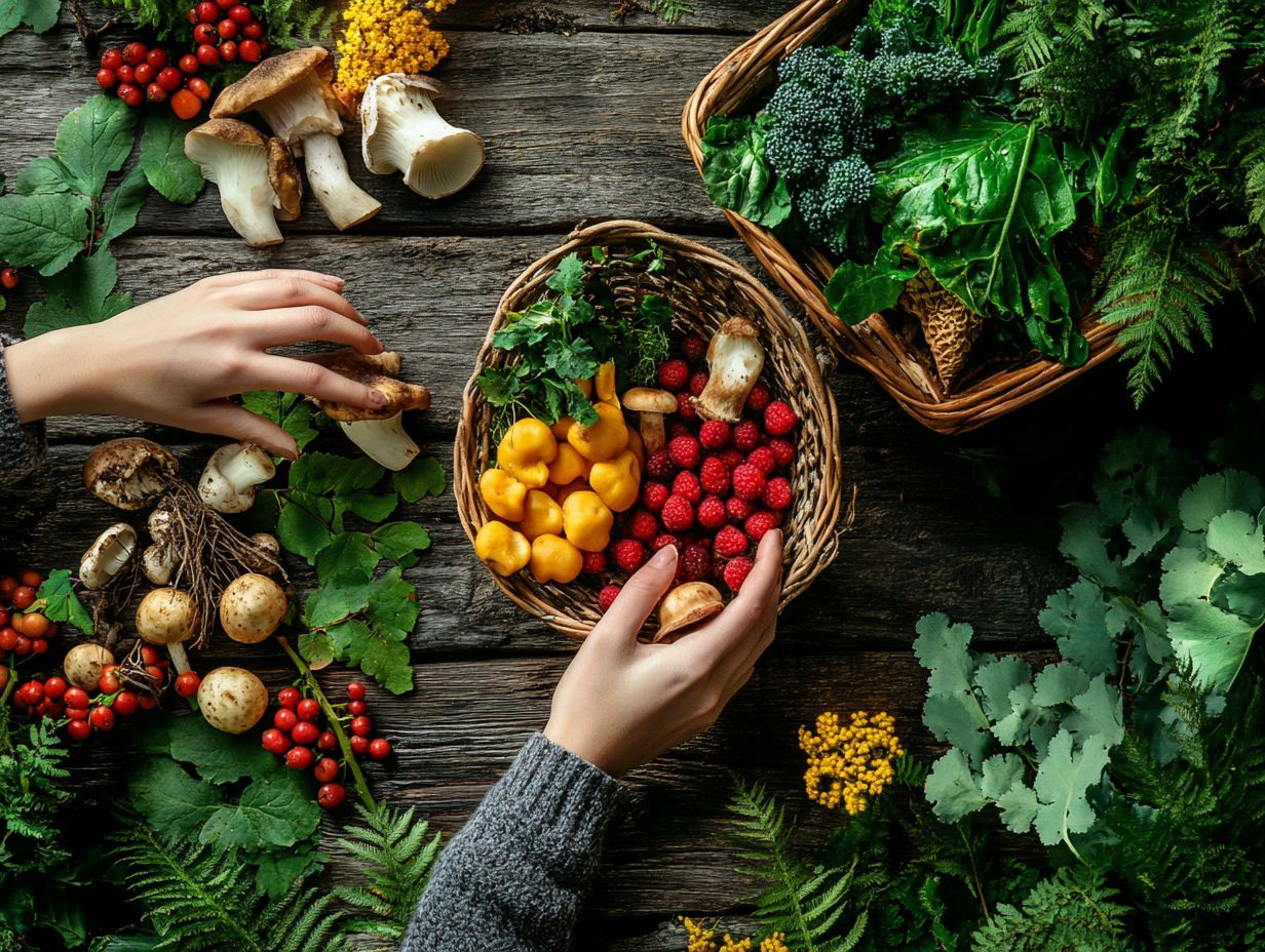 A variety of seasonal foods gathered through foraging.