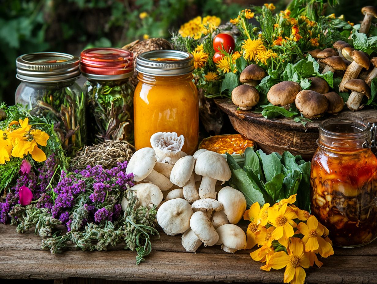 Colorful summer foraged ingredients including berries and flowers