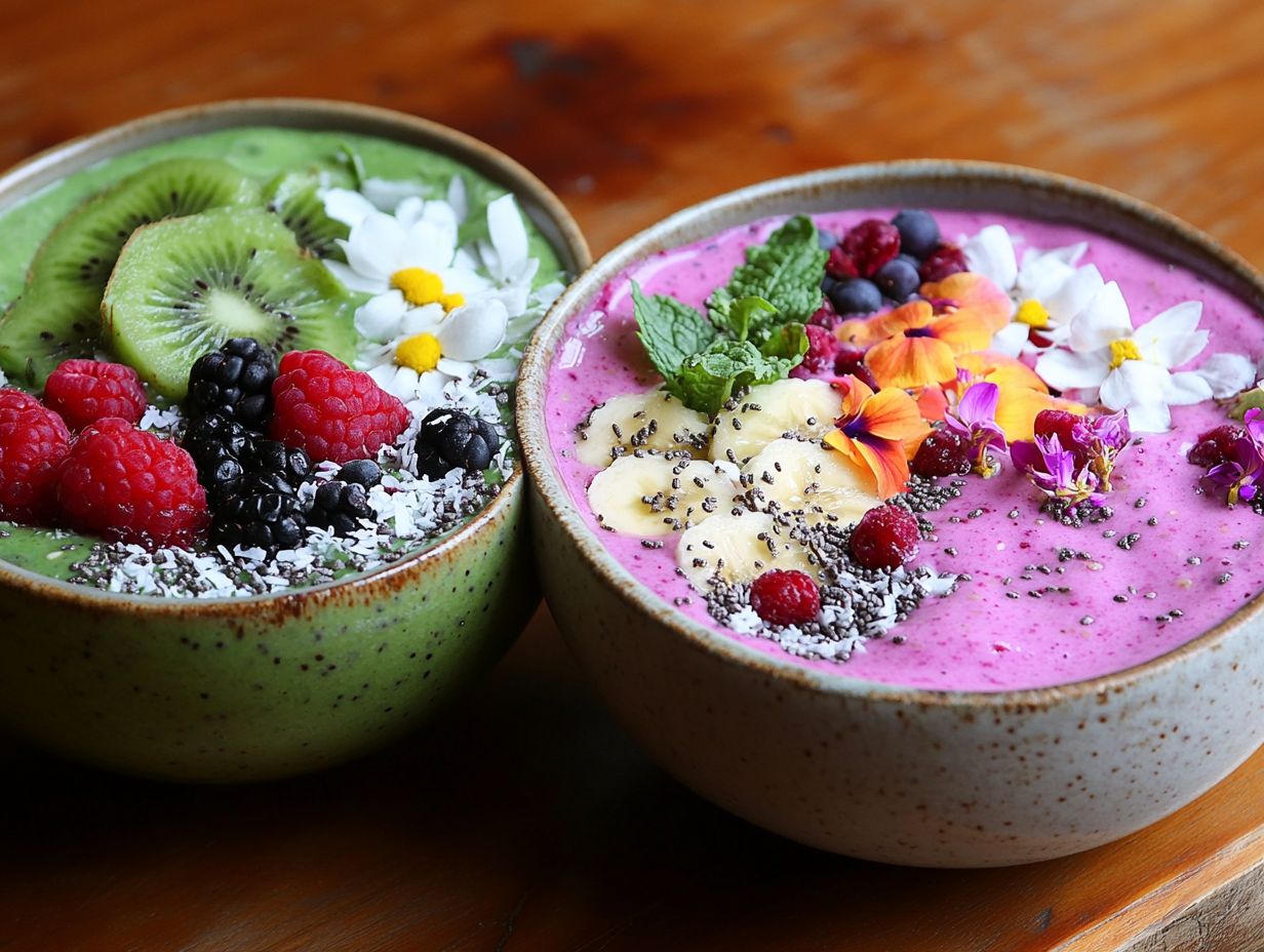 A colorful display of wild edibles in smoothie bowls.