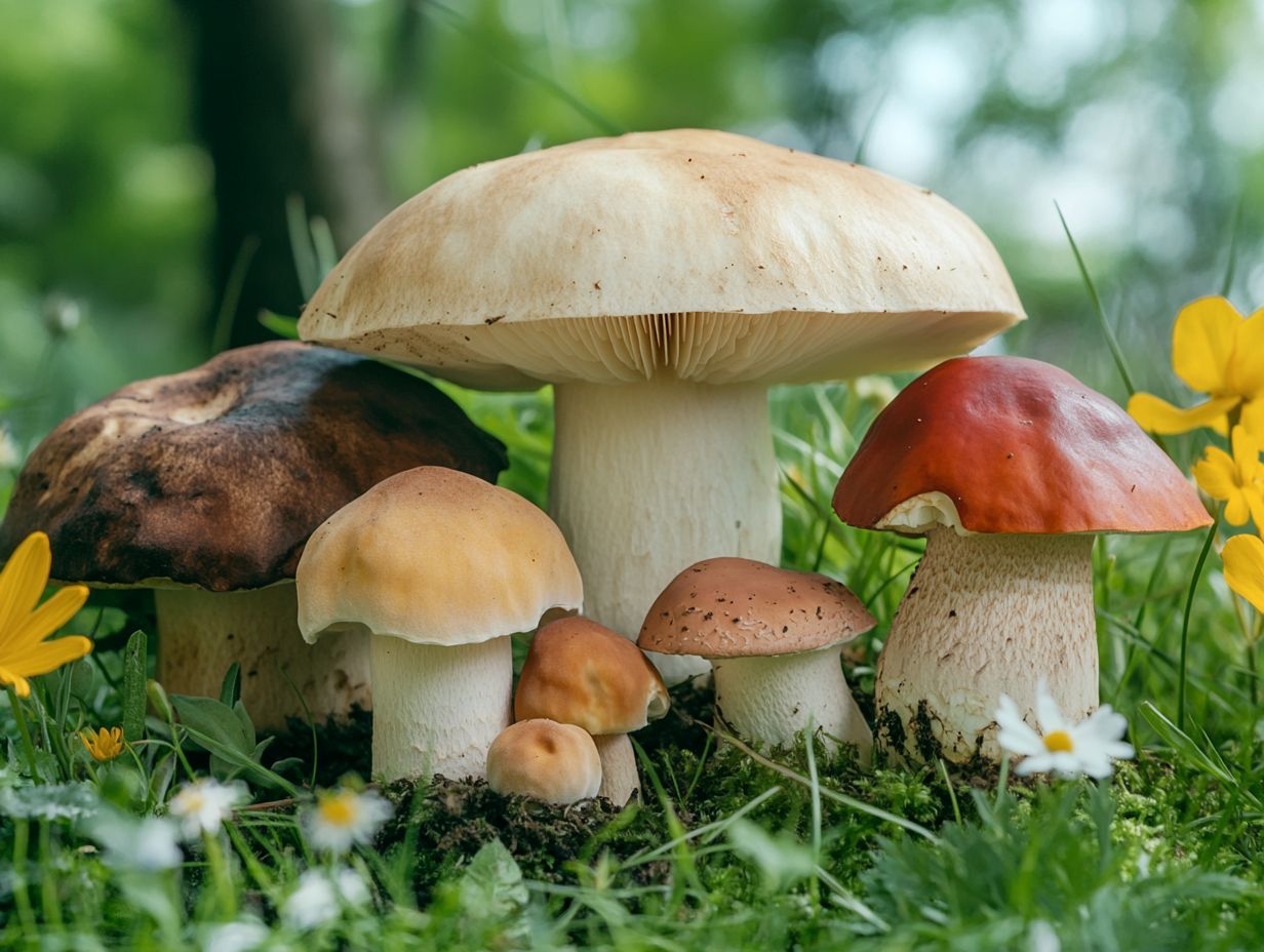 Colorful display of common edible mushrooms found in spring