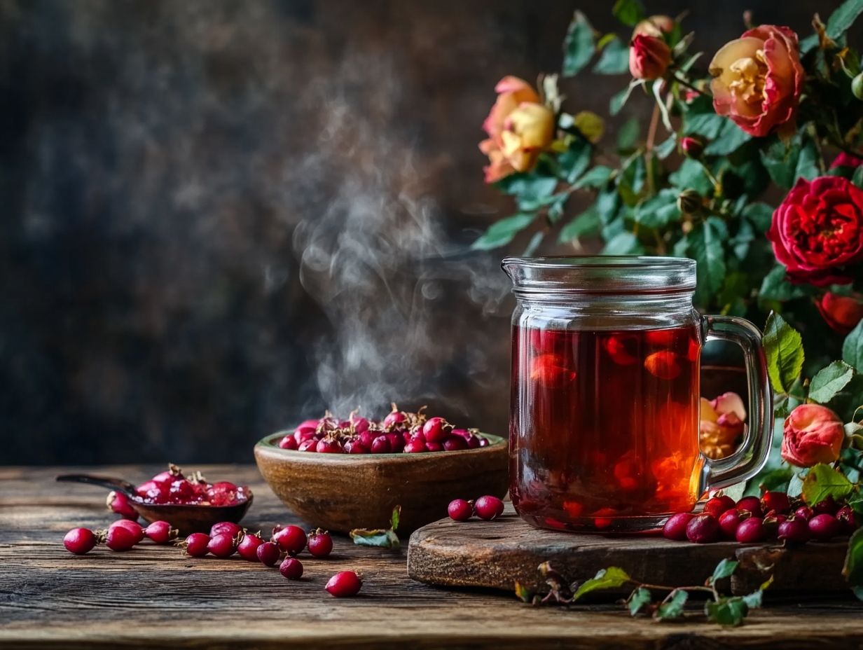 Image of wild rose hips, the small red fruits of the wild rose plant.