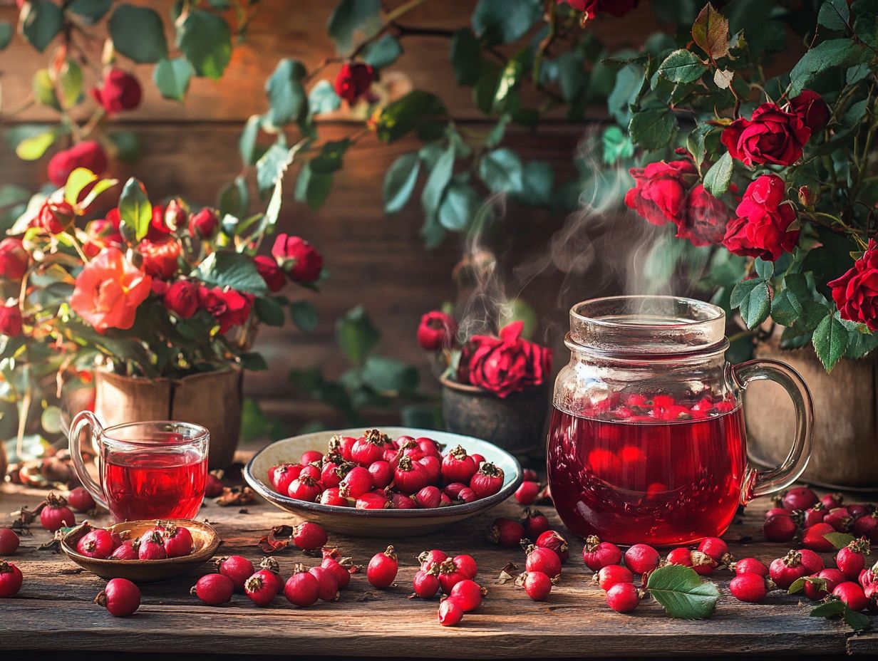 Image of wild rose hips, the small red fruits of the wild rose plant.