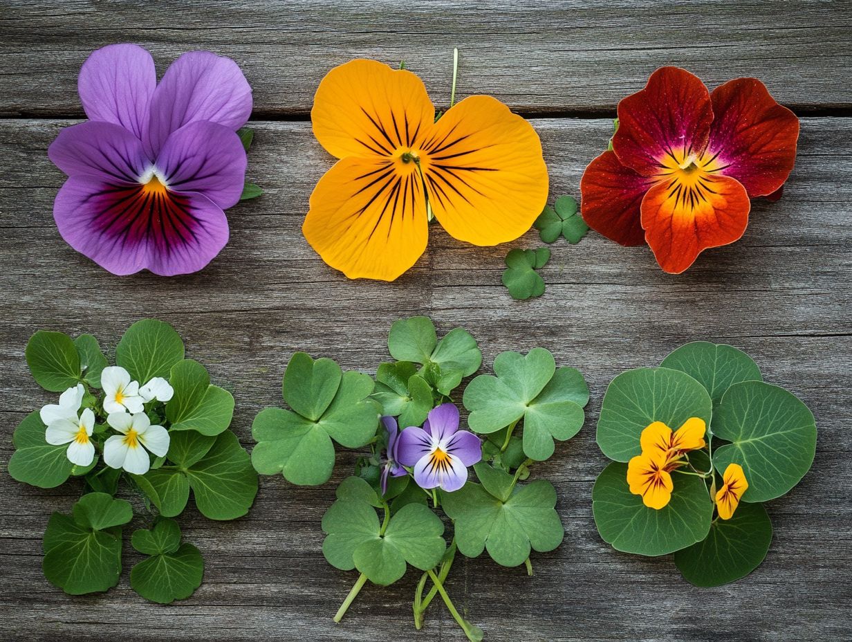 An assortment of five edible flowers: dandelions, violets, lilacs, roses, and lavender.