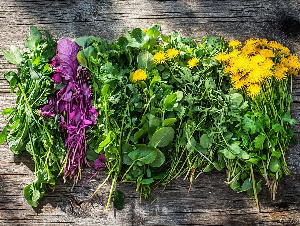 Various edible wild greens ready for preparation