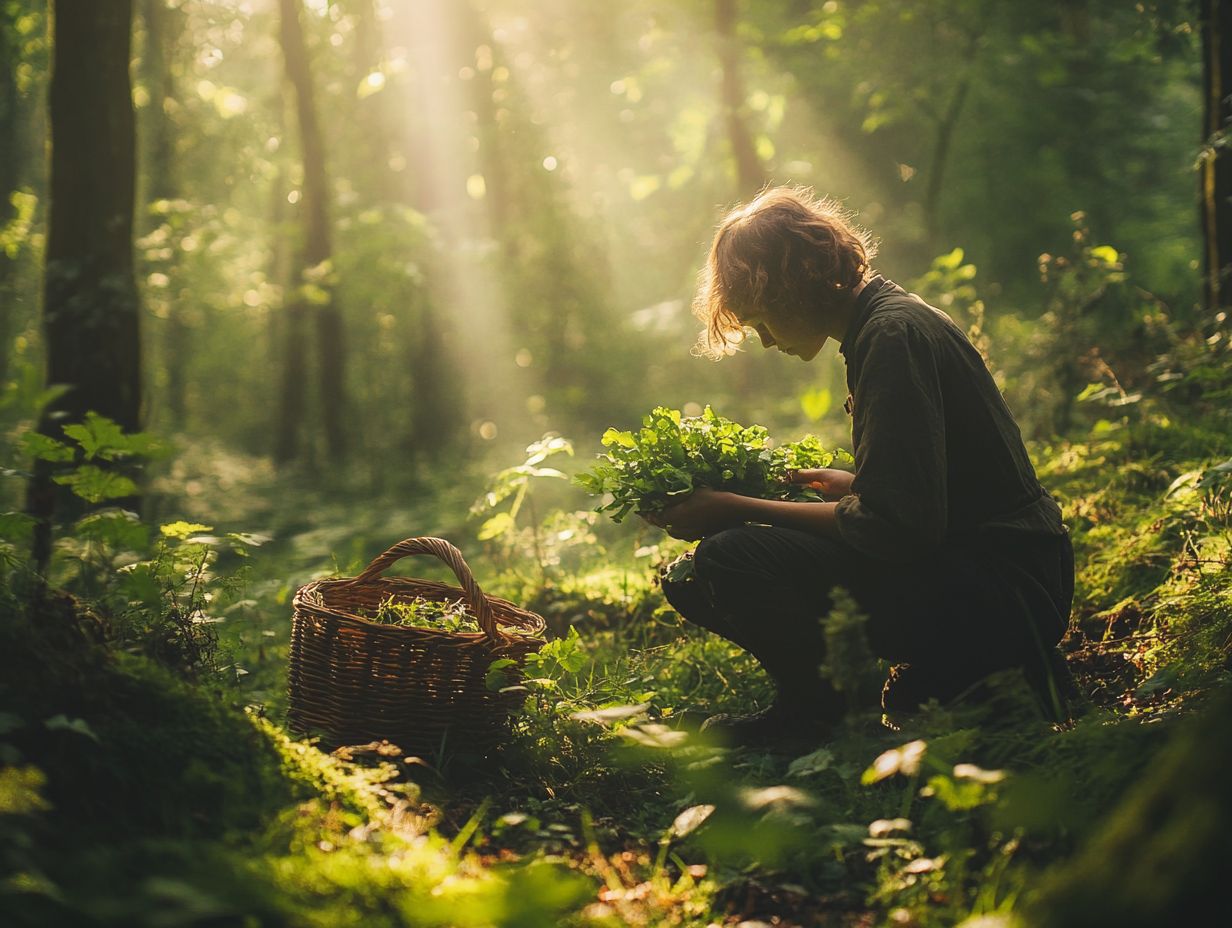 A lush forest scene showcasing sustainable foraging practices