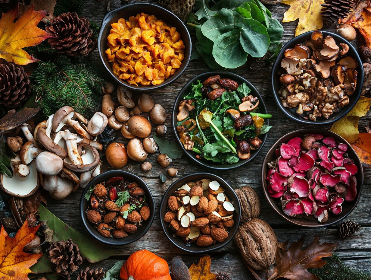 A colorful display of autumn foraged ingredients