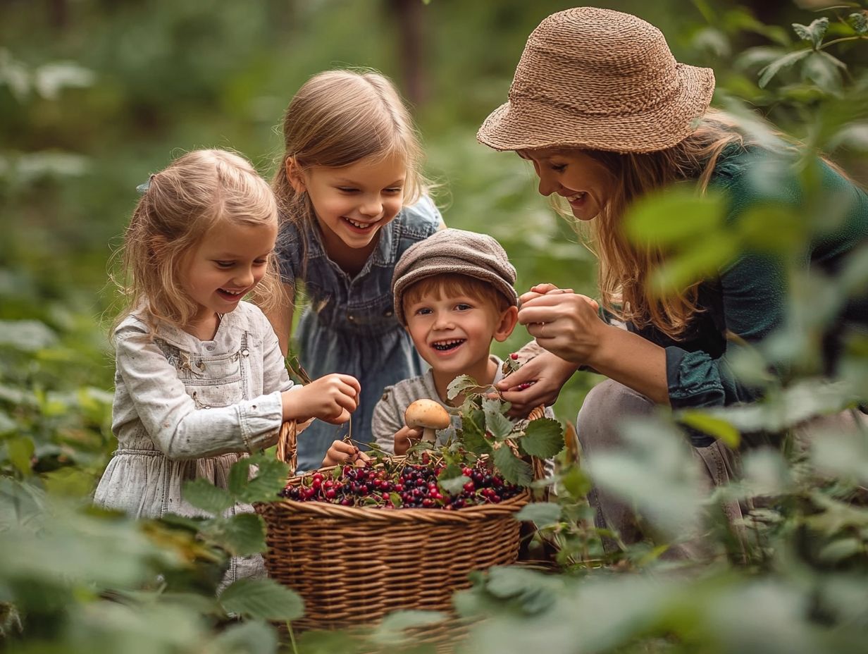 A family beachcombing for seashells and edible plants along the shore.