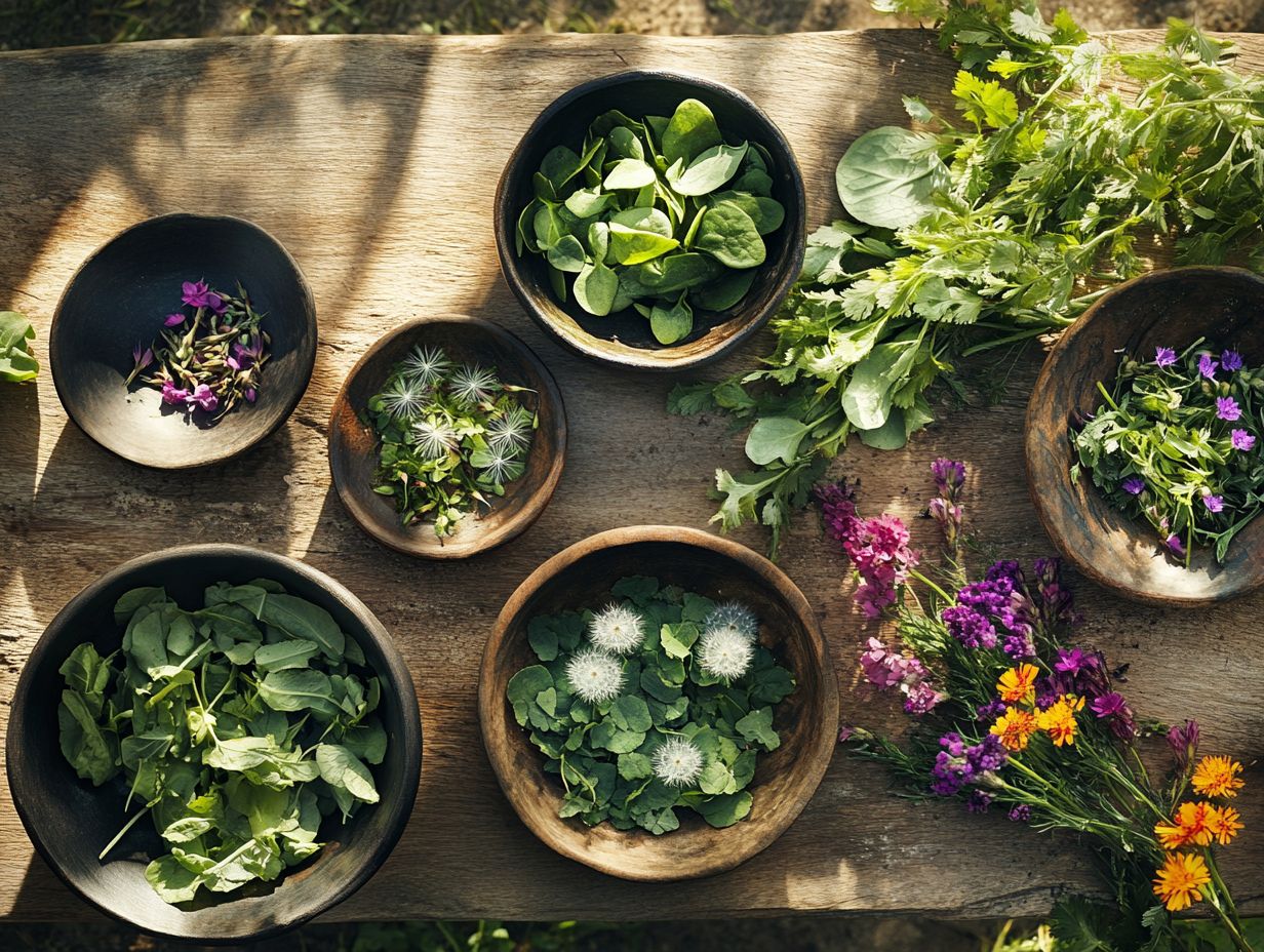 A colorful assortment of edible weeds and their preparation methods.