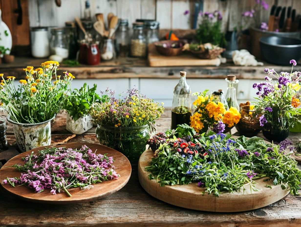 Image of wild edible recipes showcasing dandelion salad, nettle soup, and mushroom risotto.