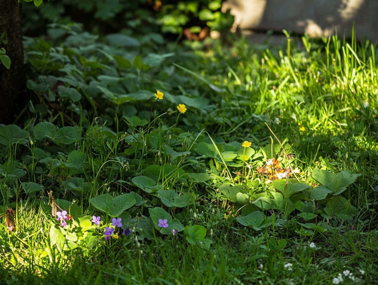 An assortment of common wild edibles found in a backyard, including dandelions, berries, and mushrooms.