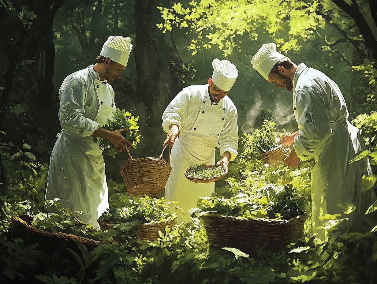 A group of chefs preparing foraging ingredients in nature.