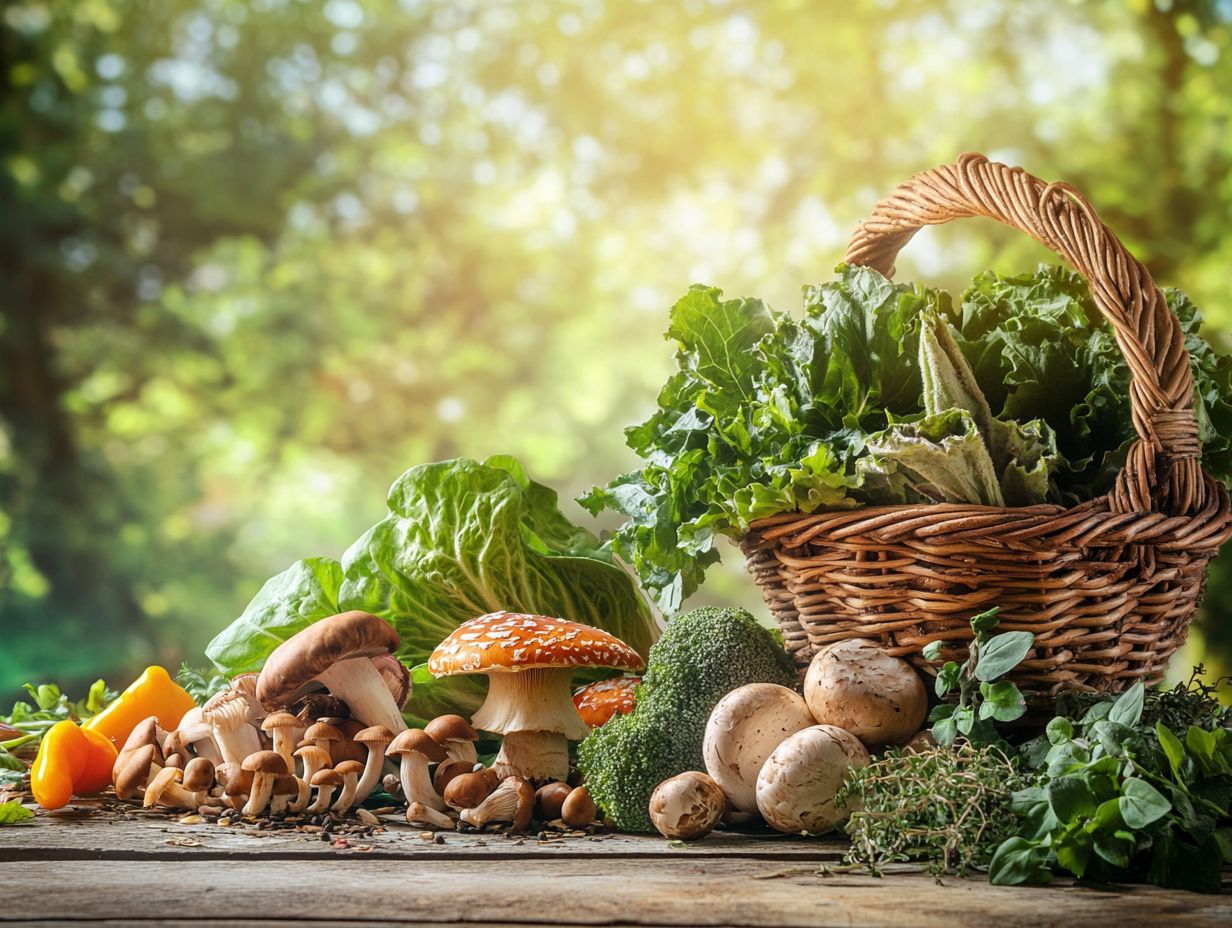 A collage showcasing various edible plants and fungi from different cultures.