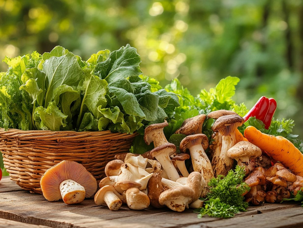 A collage showcasing various edible plants and fungi from different cultures.