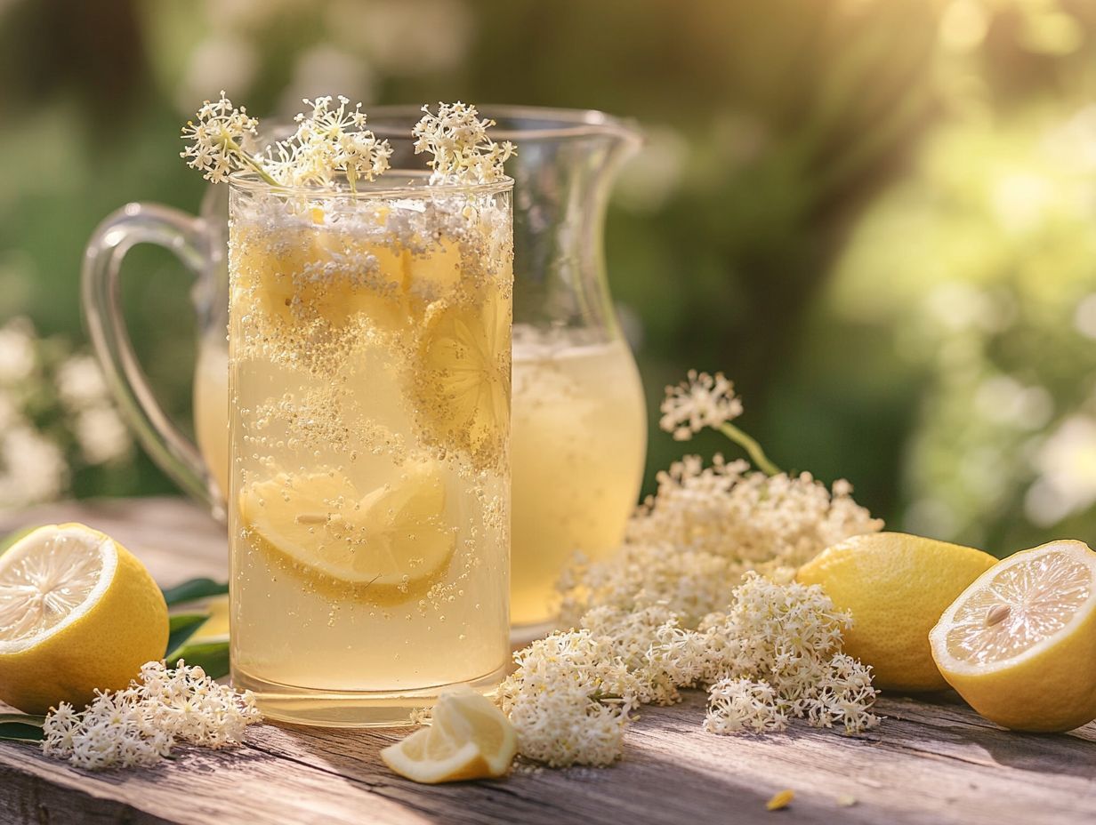 Elderflower cordial preparation with elderflowers, sugar, and lemon juice.