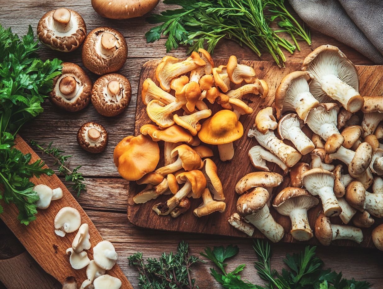 A variety of edible mushrooms displayed for cooking