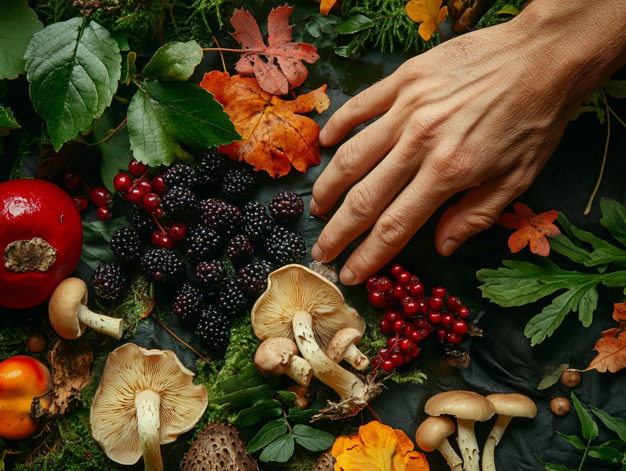 A variety of common edible plants and fungi found in foraging