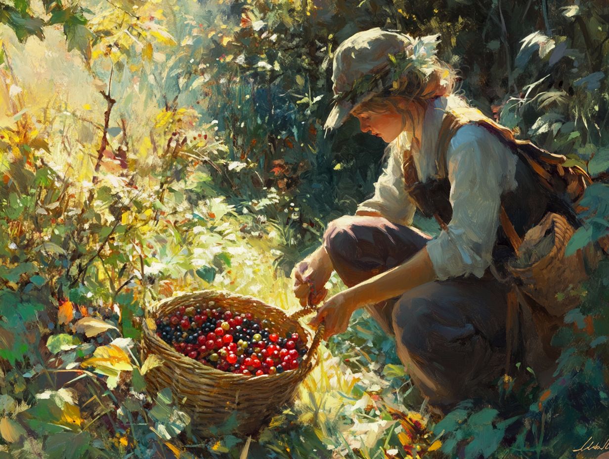 A person foraging for wild berries in a forest