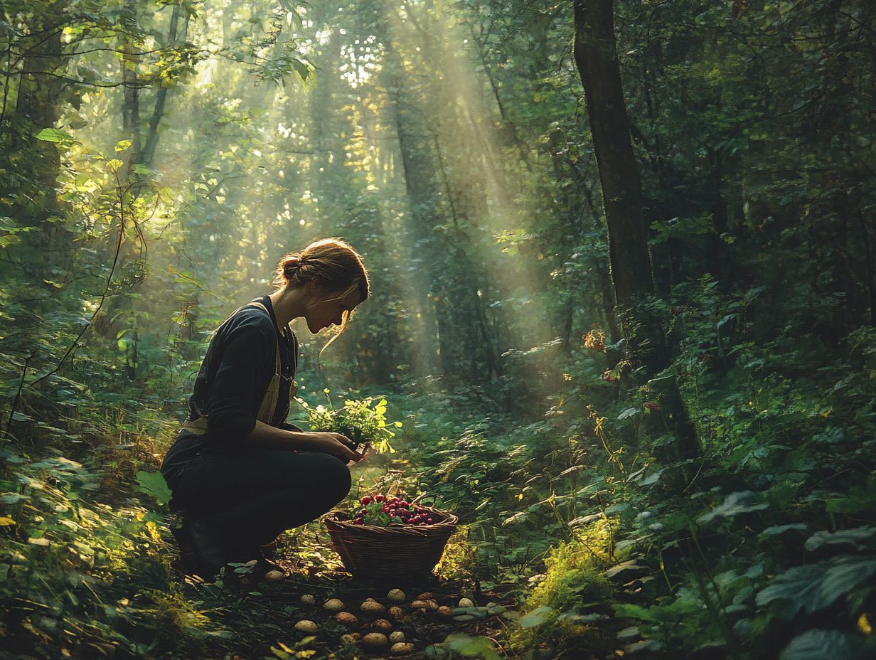 A guide showing various foraging techniques for wild edible plants and mushrooms.