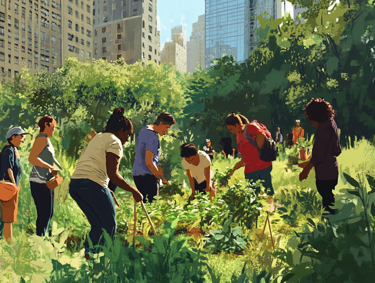 Various wild edible plants in an urban setting.