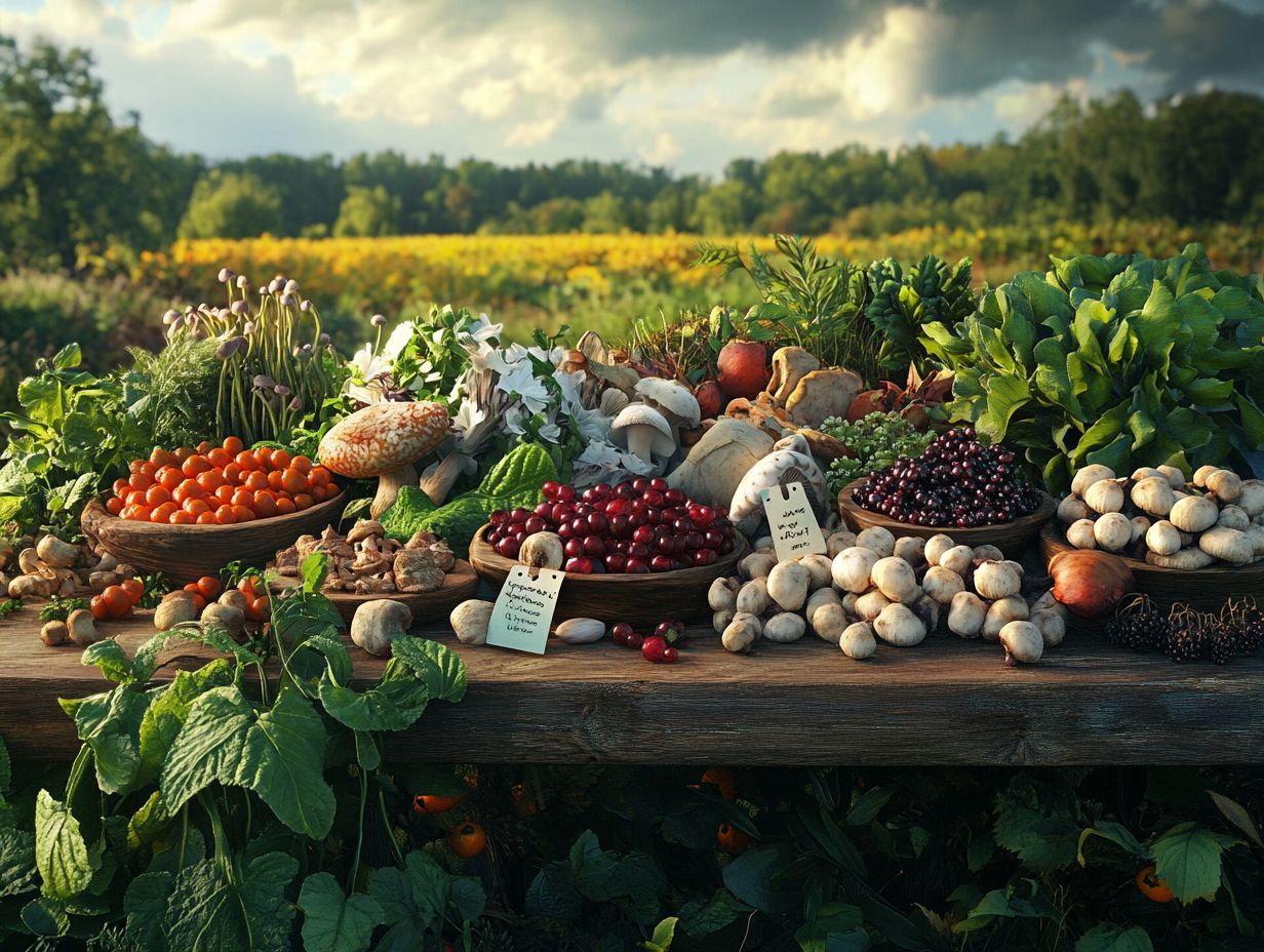 A variety of essential tools and equipment for foraging, including baskets and knives.