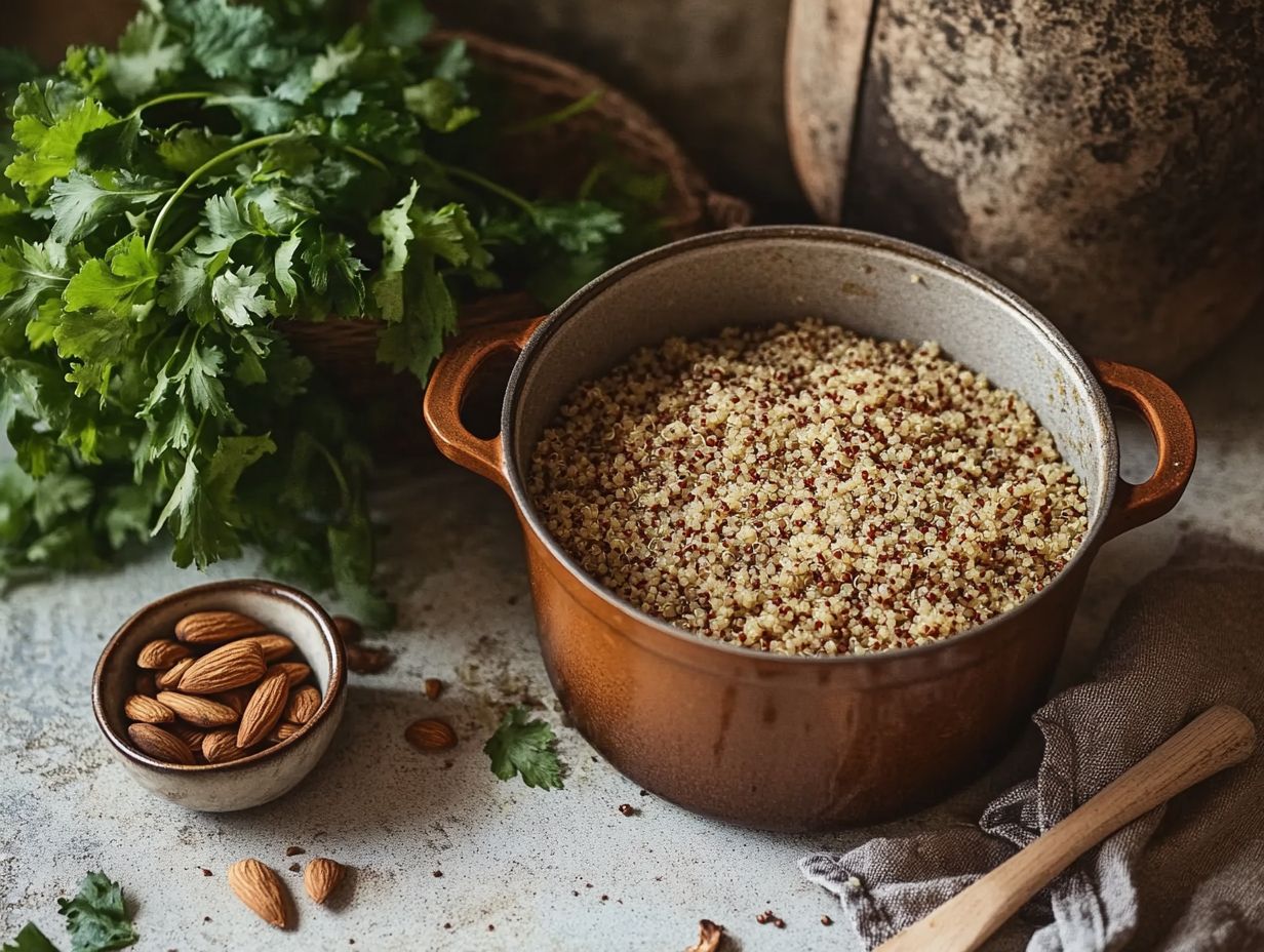 A colorful dish of quinoa mixed with wild greens and garnished.