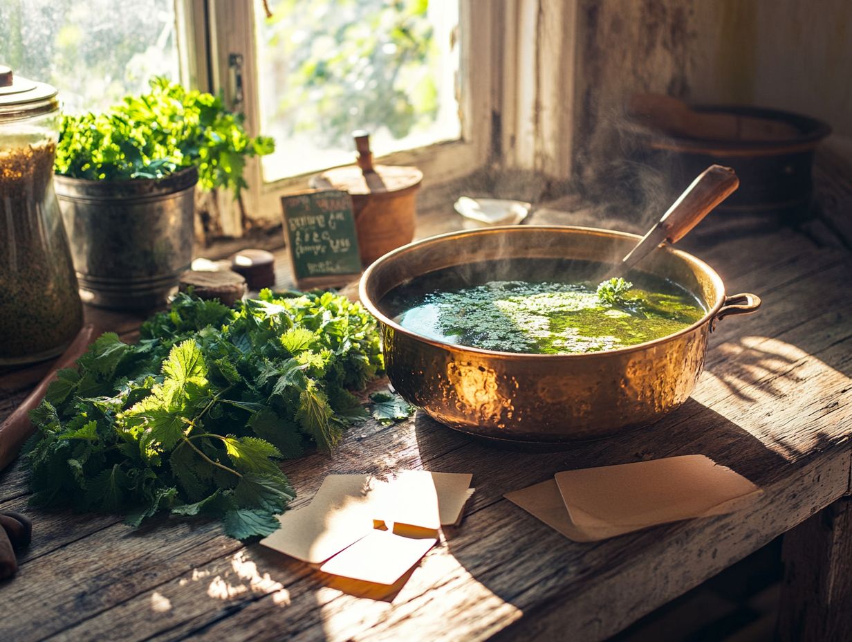 A bowl of nutritious Wild Nettle Soup garnished with herbs.