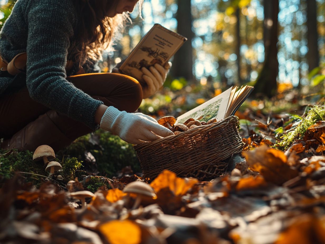 A person preparing foraged mushrooms in a kitchen