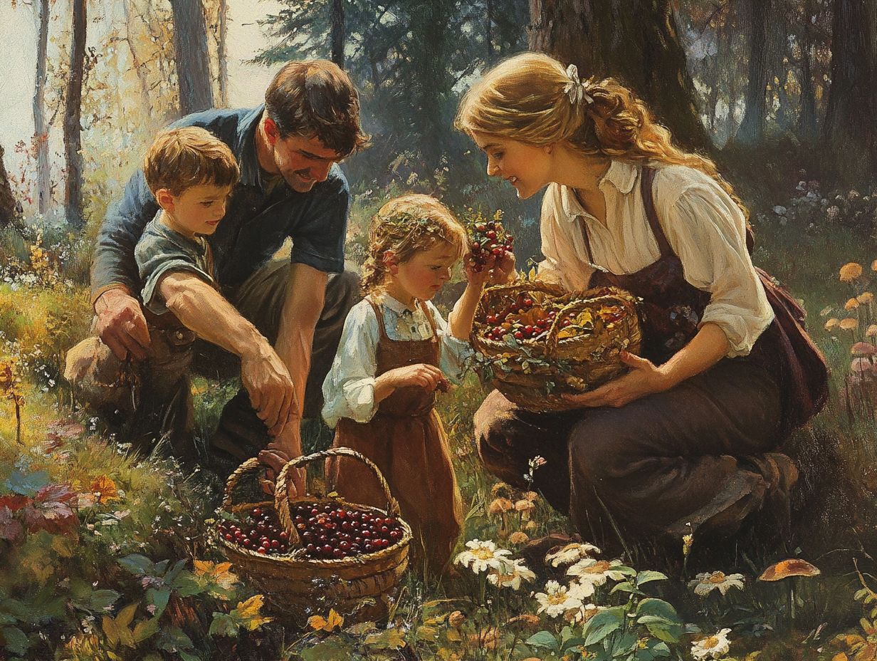 A family enjoying foraging activities together in nature