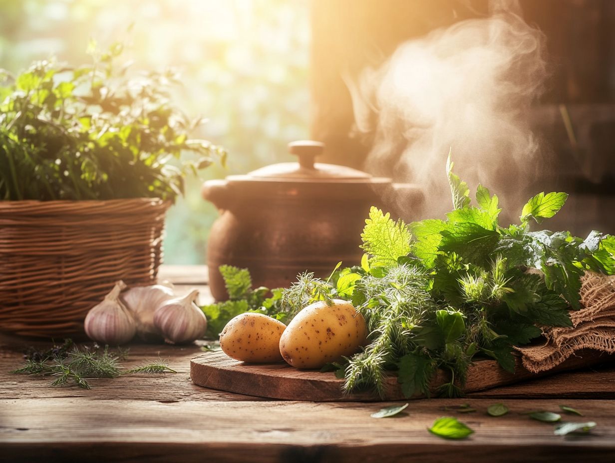 Fresh nettle soup in a bowl with garnishes