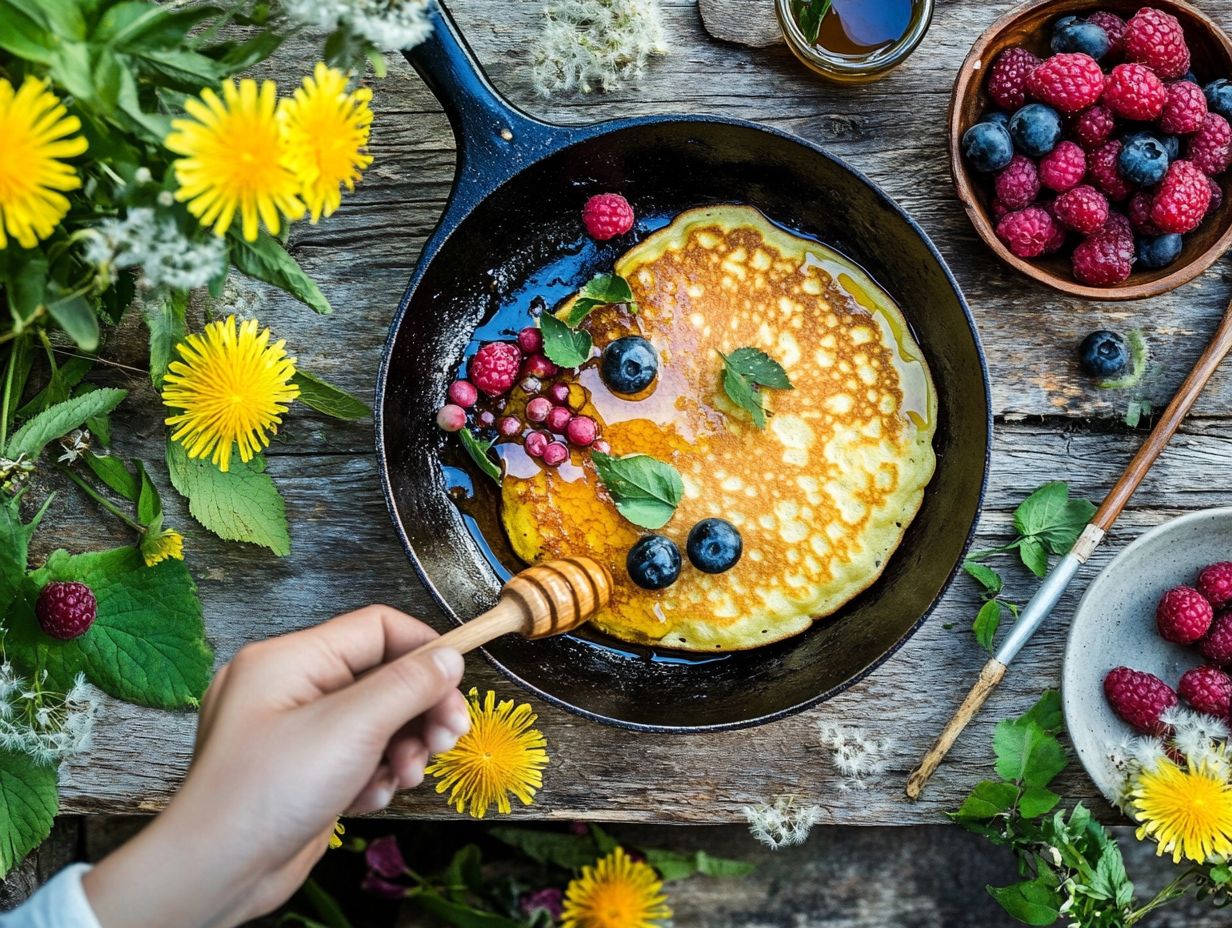 A delicious plate of wild edible pancakes with fresh fruits.