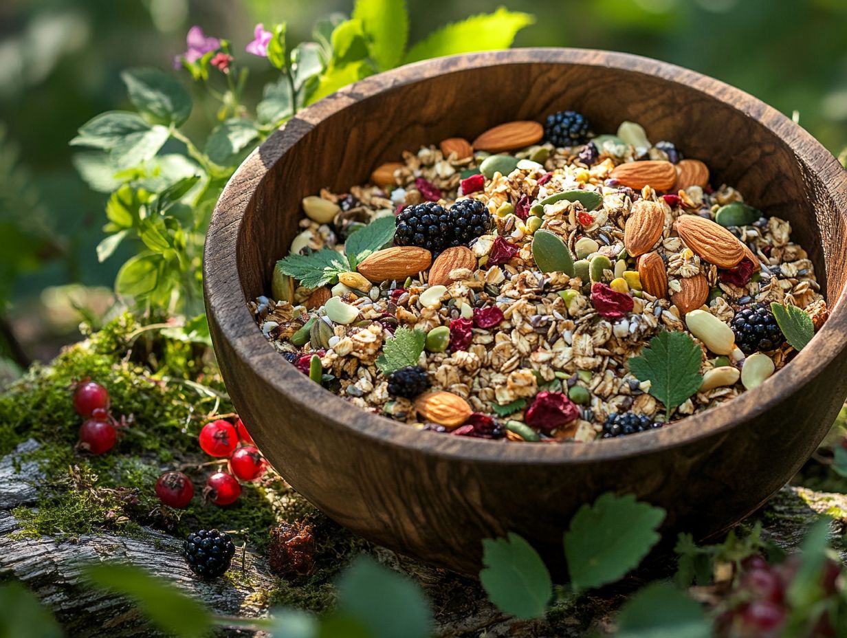 A bowl of homemade wild edible trail mix.