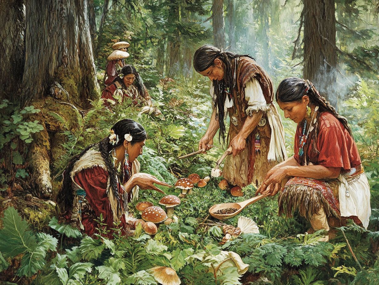 Indigenous people foraging for food in a forest setting