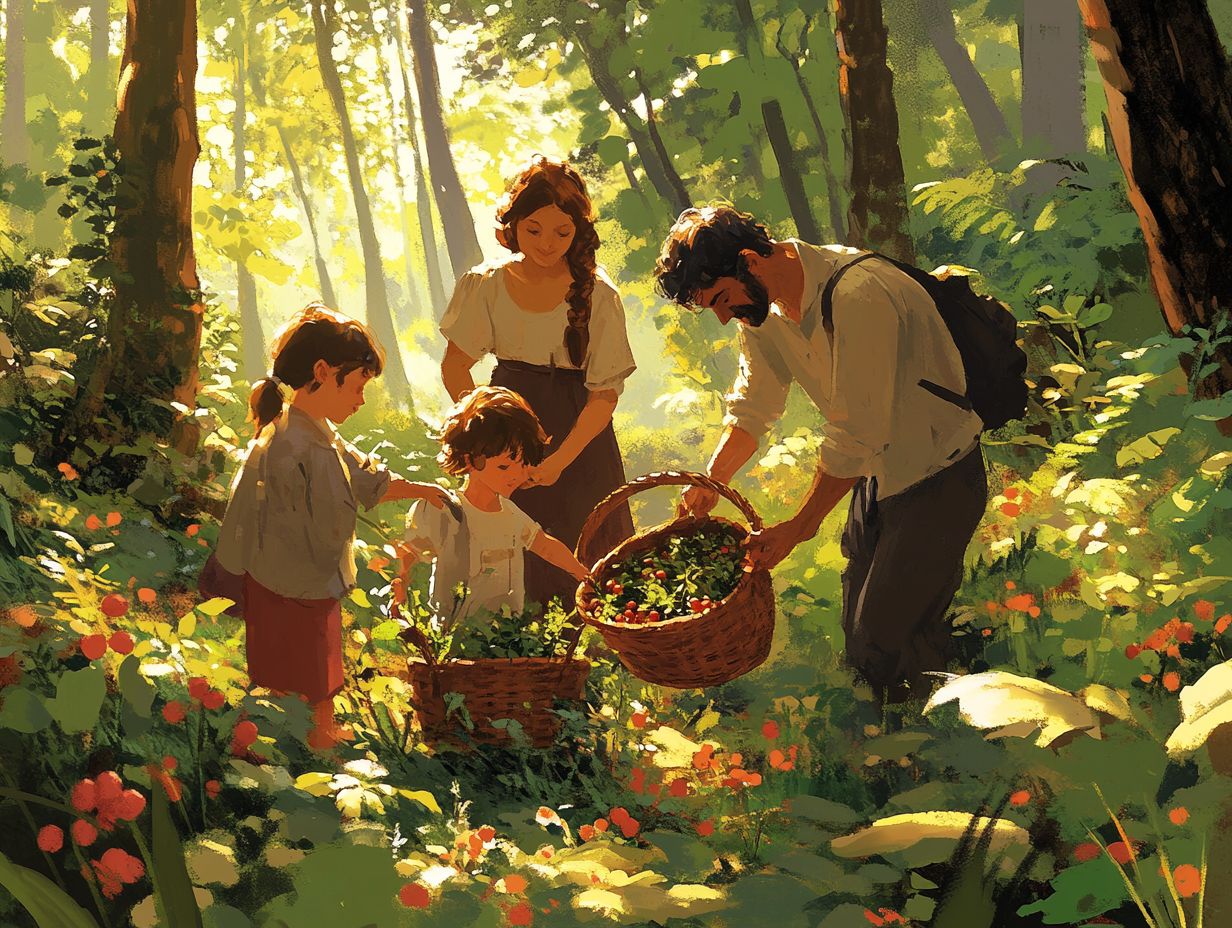 Image of a family preparing for a foraging trip, showcasing tools and nature.