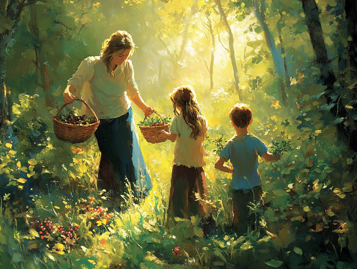 A family enjoying foraging activities in nature.