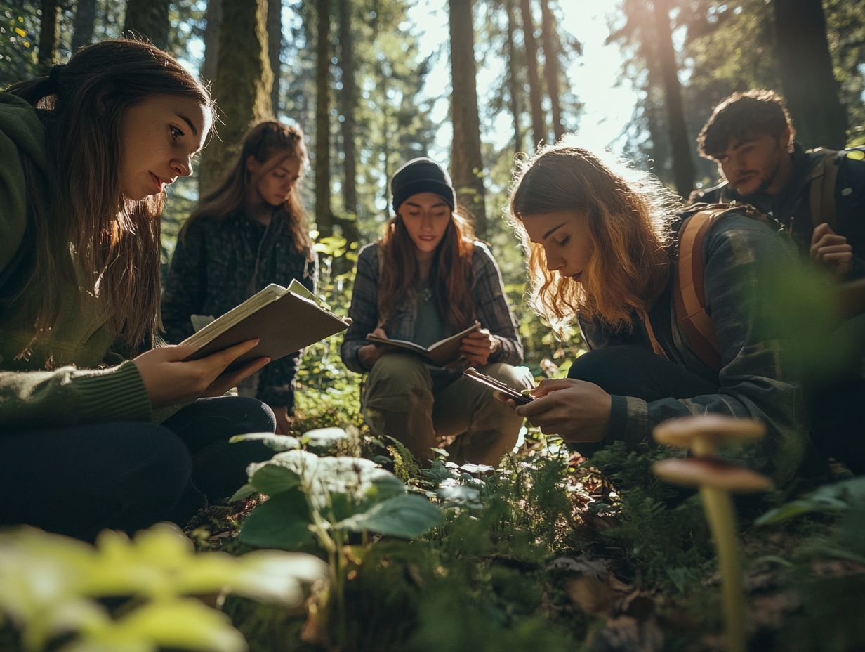 A group of people foraging in the woods.