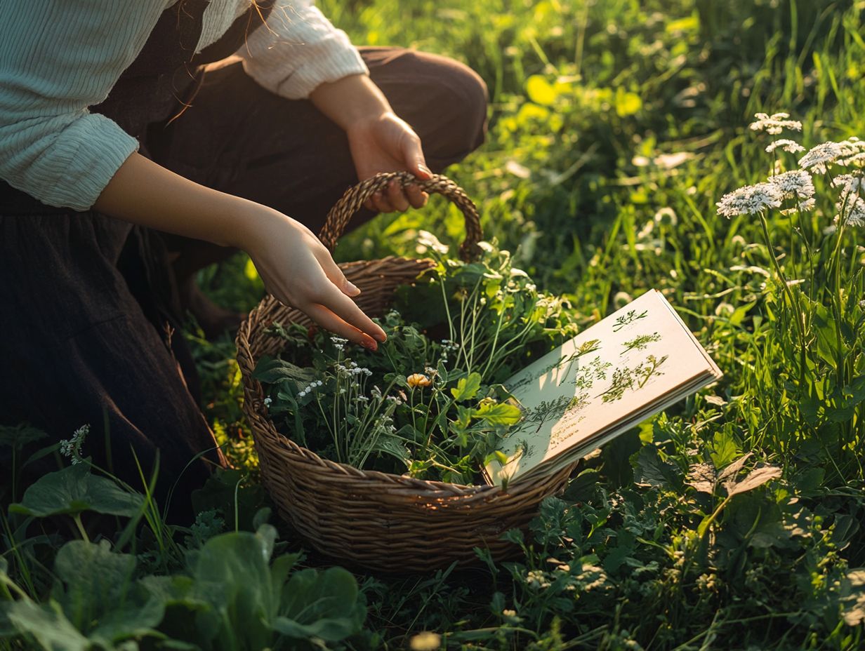 A child and an adult foraging for wild edibles in nature, discovering plants, and learning together.