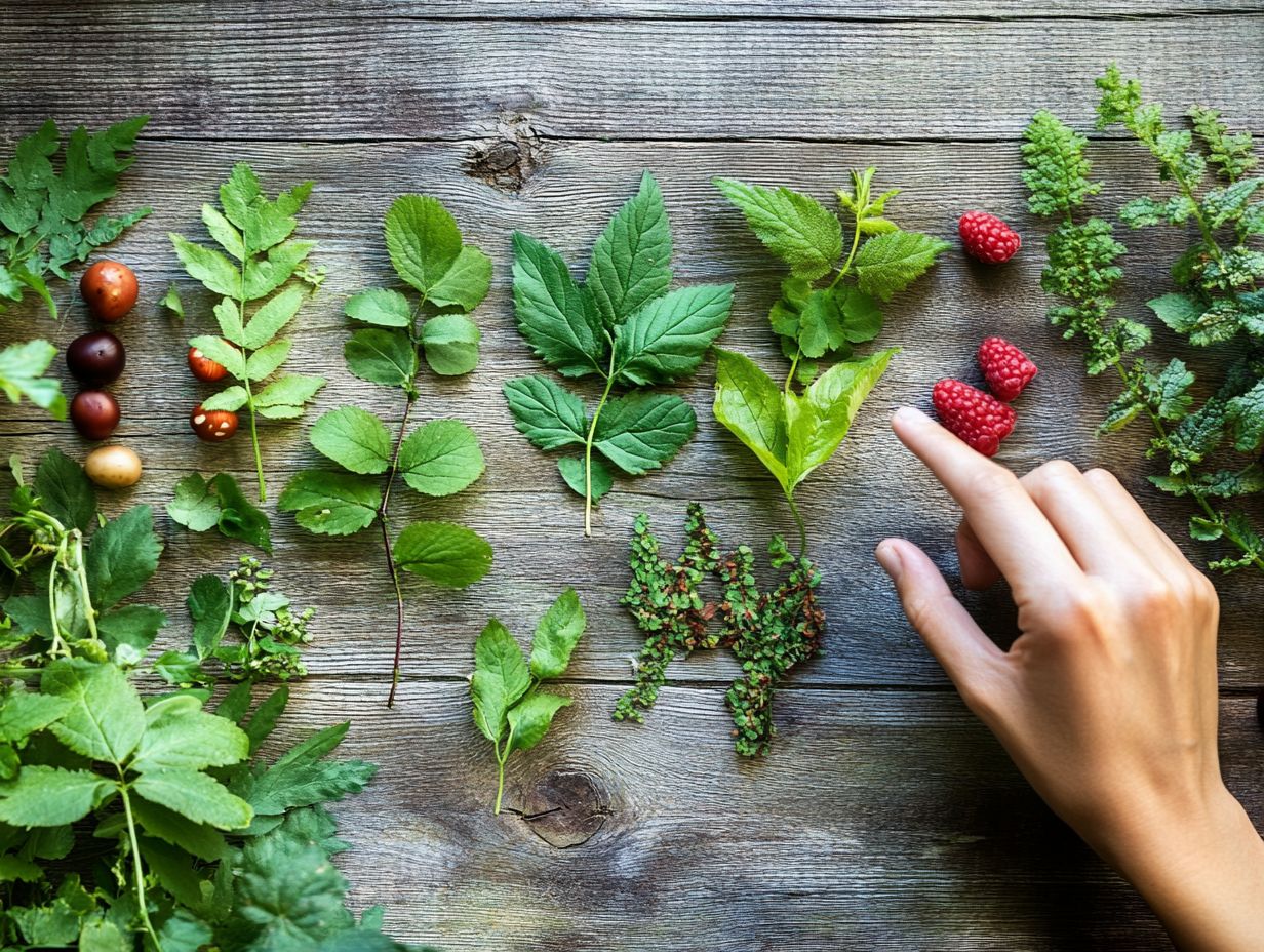 An assortment of foraged wild edibles, including plants and mushrooms.