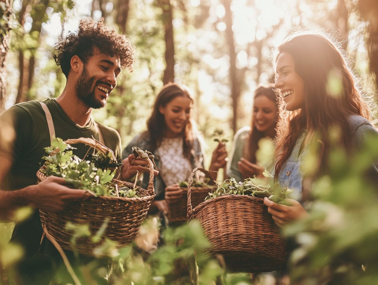 A community gathering for foraging practices, showcasing individuals sharing knowledge and resources.