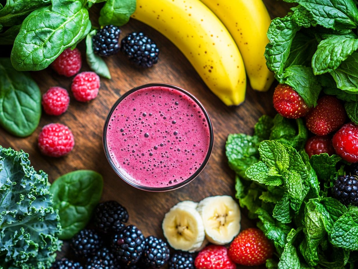 A vibrant smoothie made with various plants and fruits