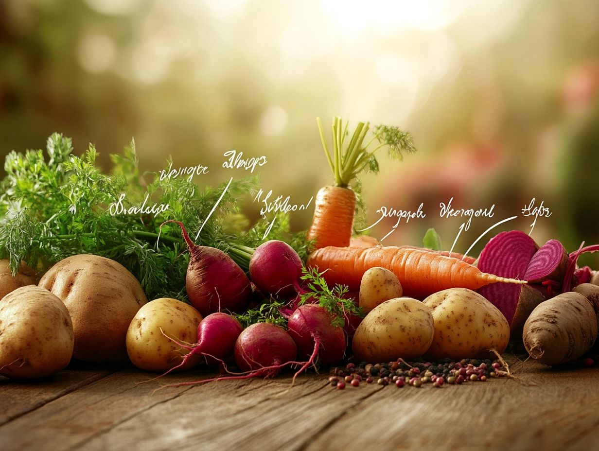 A collection of common edible roots, including carrots, beets, and potatoes.