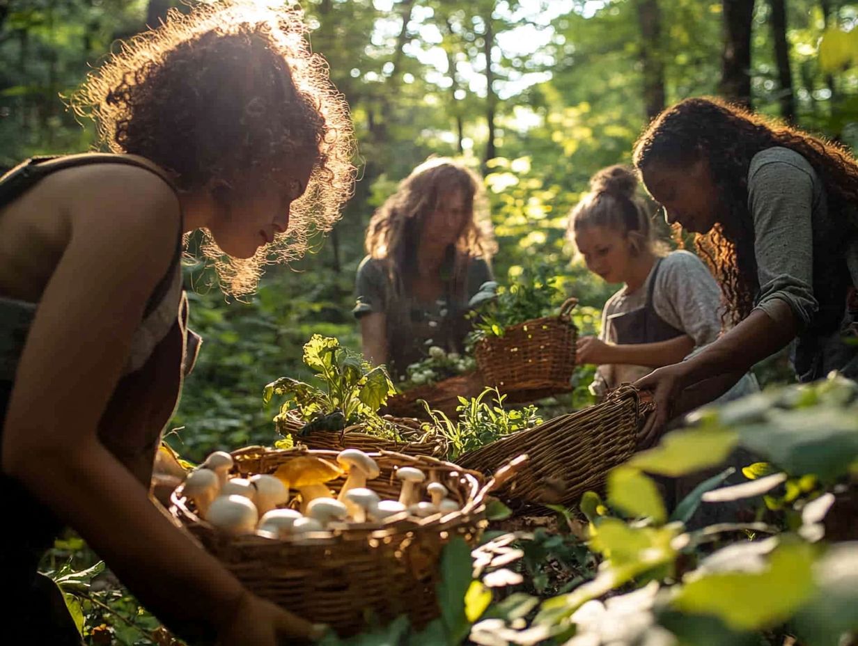 People foraging in a lush green area