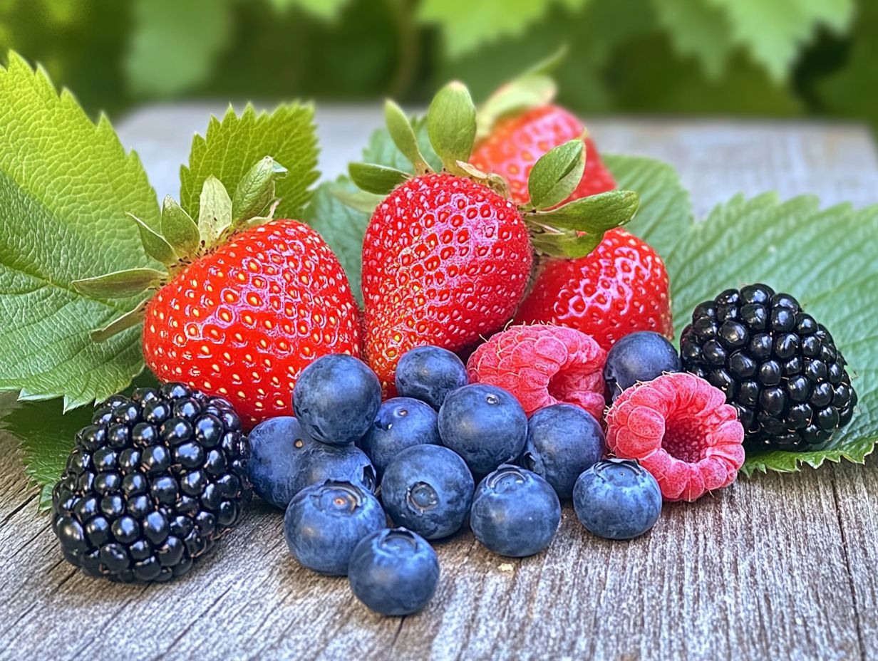 A variety of colorful edible berries on a white background