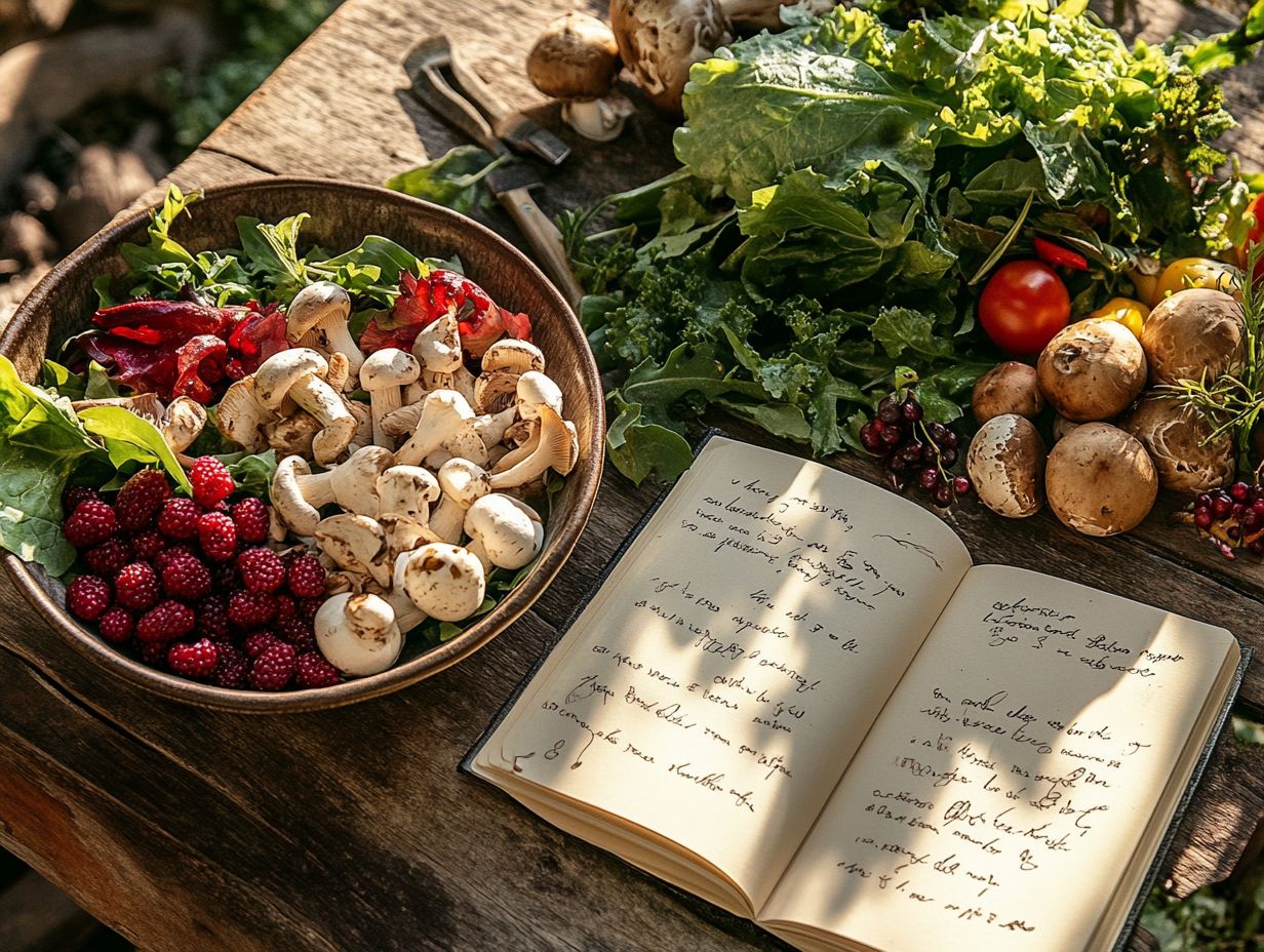 A variety of foraged plants, mushrooms, and edibles displayed.