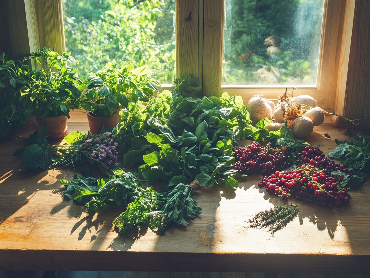 Colorful display of various wild edibles available throughout the year.