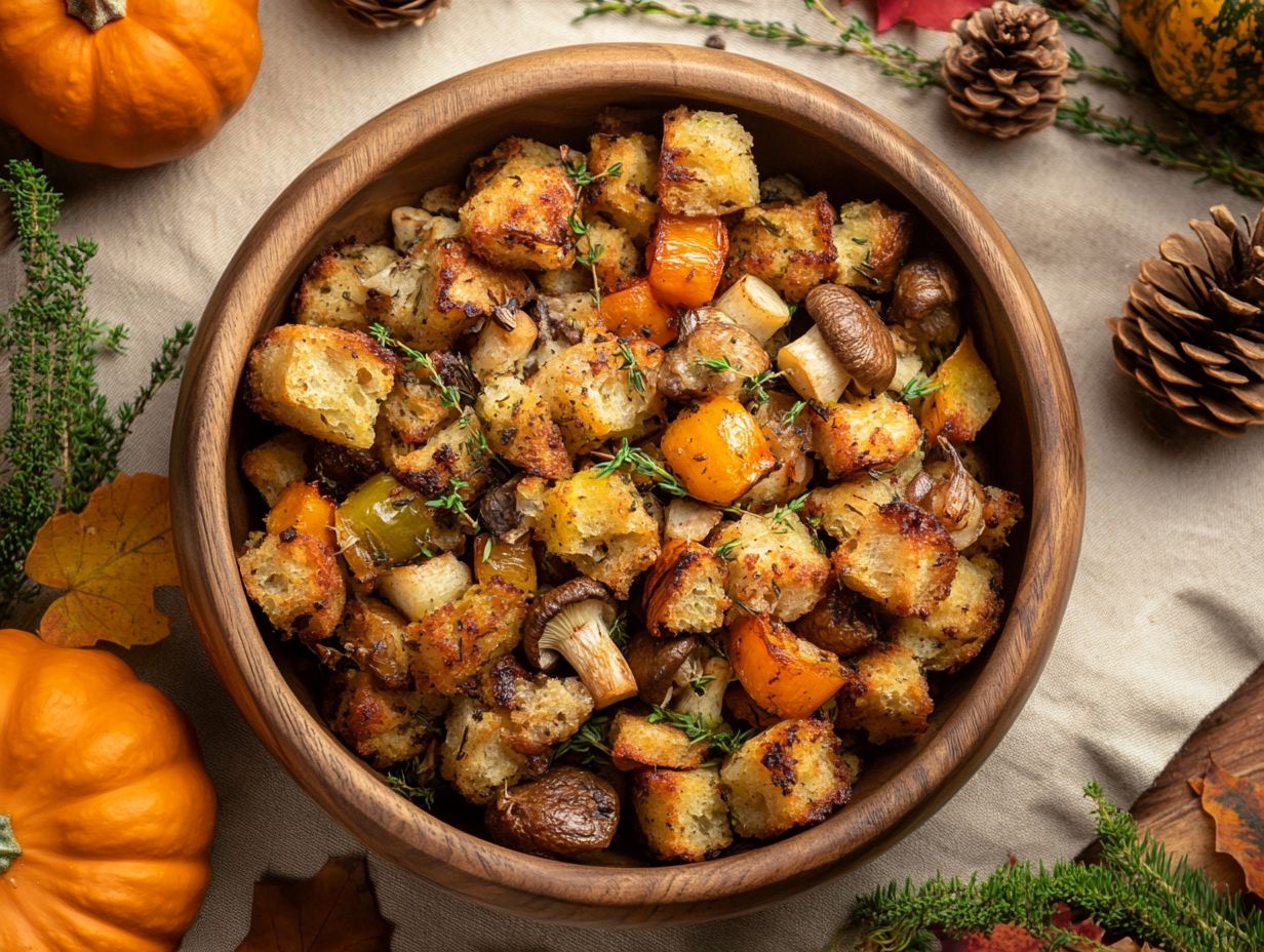 A plate of wild edible stuffing with mushrooms and herbs.