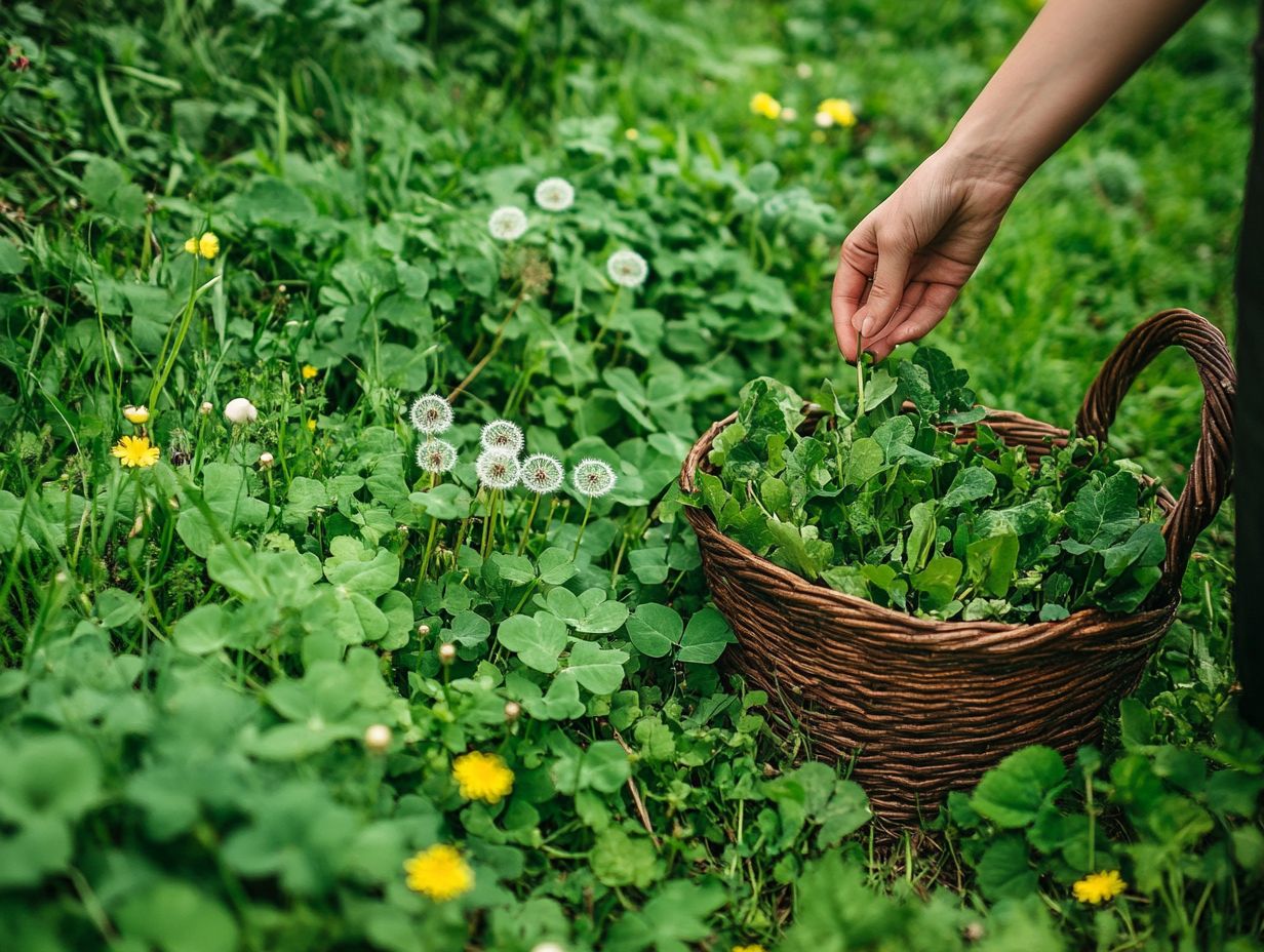 Various wild edibles being foraged in nature.